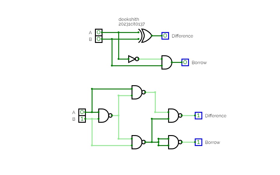 CircuitVerse - Half Subtractor using Basic and NAND Gates